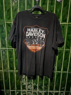 Harley-Davidson Black Tee with White and Orange Motorcycle Shield Graphic
